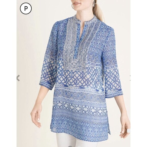 Chico’s Mixed Print Embellished Tunic Size 1 or M Shiny Beads Sequins Stones - Picture 1 of 7